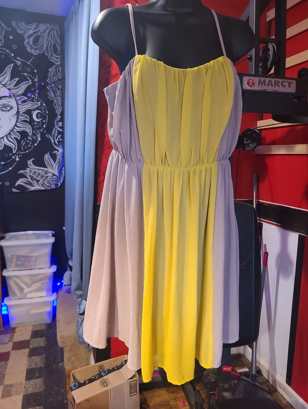 MUSTARD SEED - Two-Tone Yellow and Light Gray Spaghetti Strap Sundress